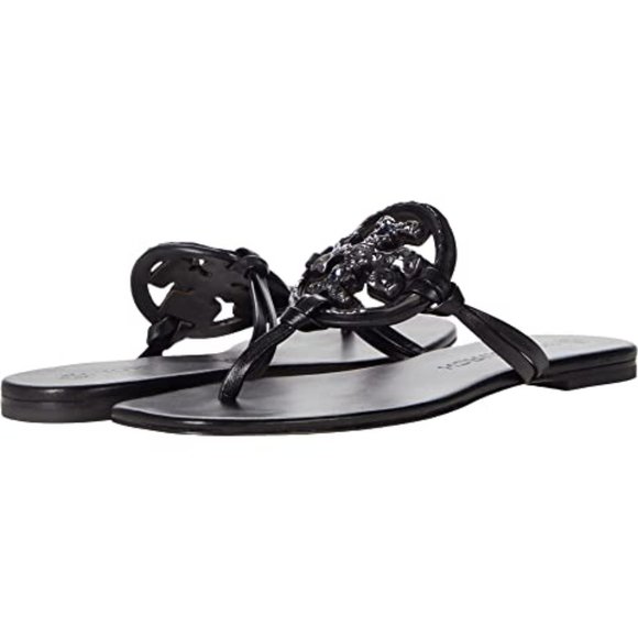 Tory Burch Miller Jeweled Embellished Crystal Leather Thong Sandals Black